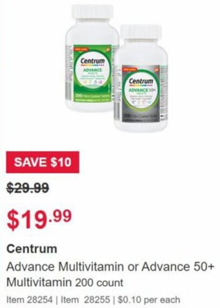 Centrum advance multivitamin or advance 50+ multivitamin 200 count