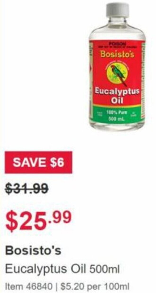 Bosisto's eucalyptus oil 500ml offer at Costco