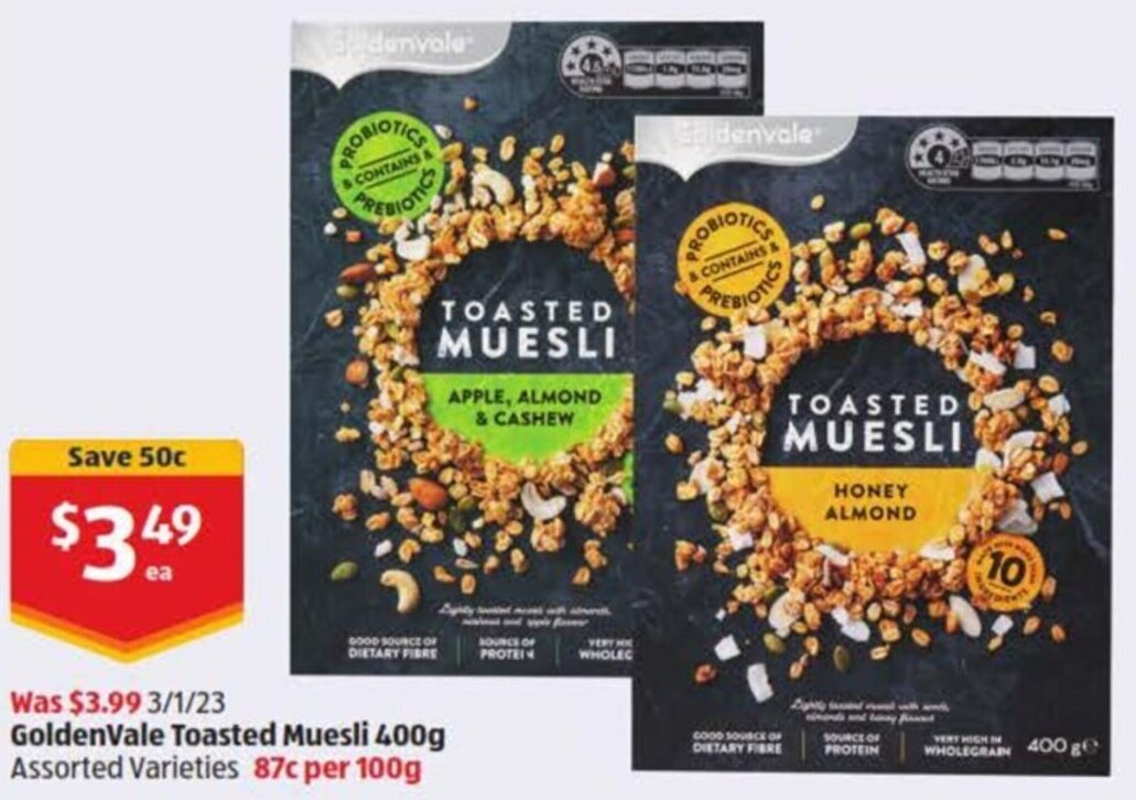 Goldenvale toasted muesli 400g offer at ALDI