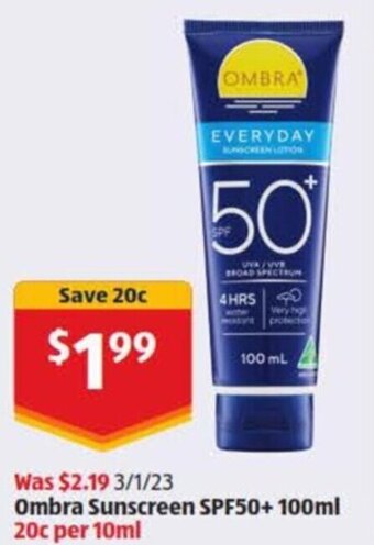 ALDI Ombra sunscreen Spf50+100ml offer