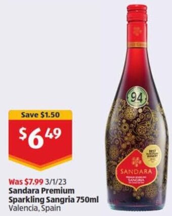 ALDI Sandara premium sparkling sangria 750ml offer