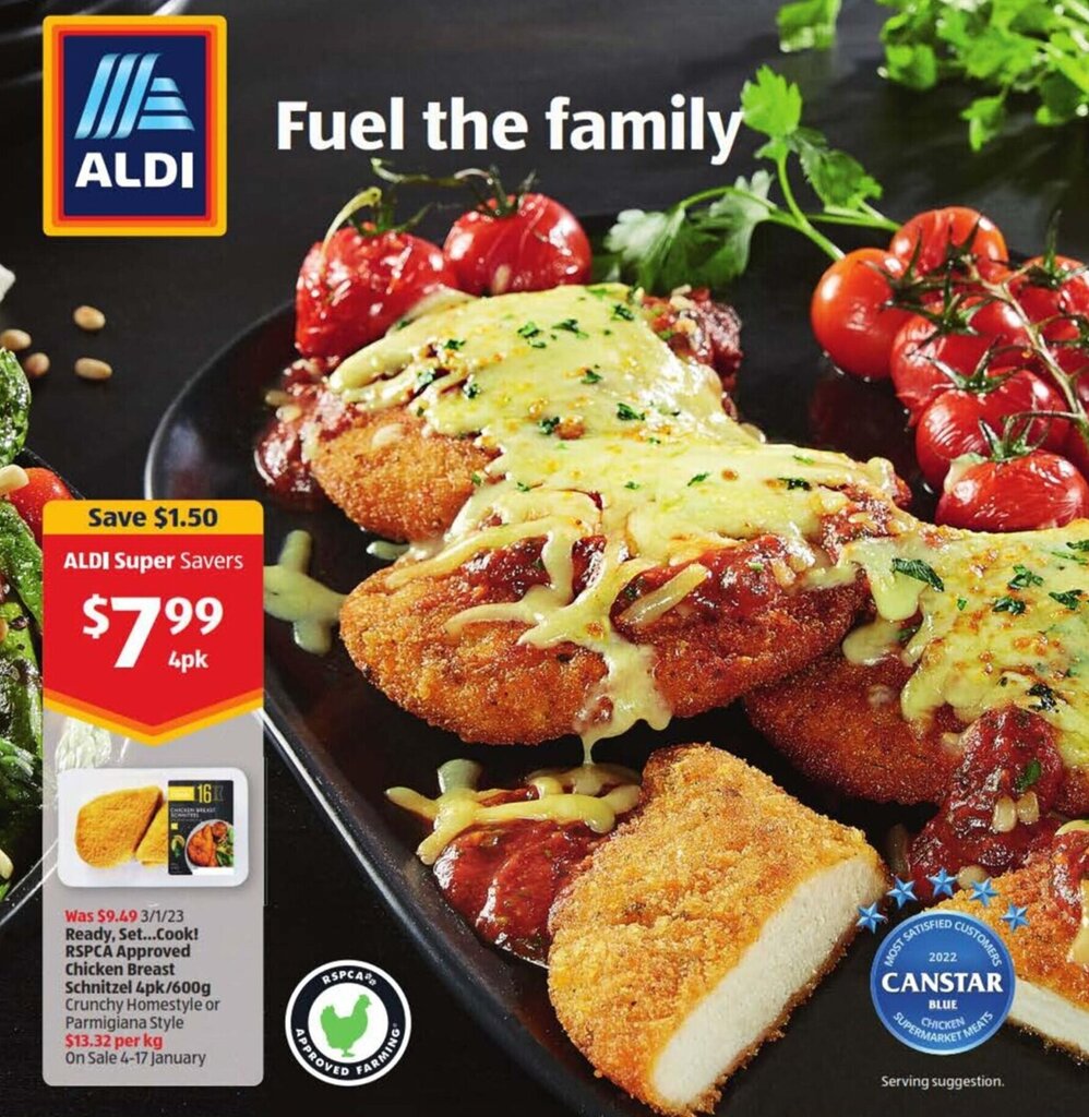 Chicken breast schnitzel 4pk/600g crunchy homestyle or parmigiana style offer at ALDI