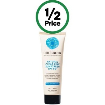 Woolworths Little urchin natural clear zinc sunscreen spf50+ 100g^ offer