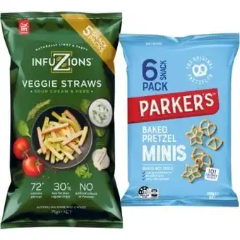 Parkers baked pretzel minis 6 pack or majans infuzions veggie straws 5 pack