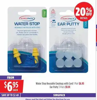 Water stop reusable earplugs with cord or ear putty