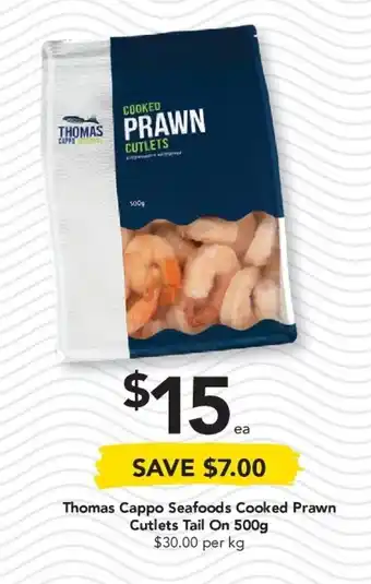 Drakes Thomas Cappo Seafoods Cooked Prawn Cutlets Tail On 500g offer