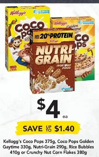 Drakes Kellogg's Coco Pops 375g, Coco Pops Golden Gaytime 330g, Nutri-Grain 290g, Rice Bubbles 410g or Crunchy NC Flakes 380g offer