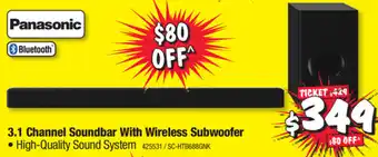 JB Hi-Fi Panasonic 3.1 Channel Soundbar with Wireless Subwoofer offer