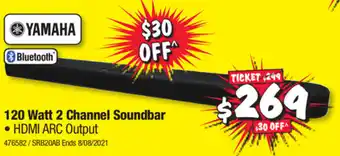 JB Hi-Fi Yamaha 120 Watt 2 CHannel Soundbar HDMI ARC Output offer