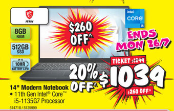 JB Hi-Fi Msi 14" Modern Notebook offer