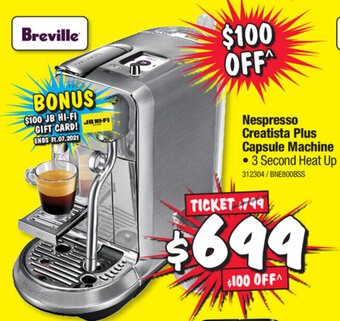 JB Hi-Fi Nespresso Creatista Plus Capsule Machine offer