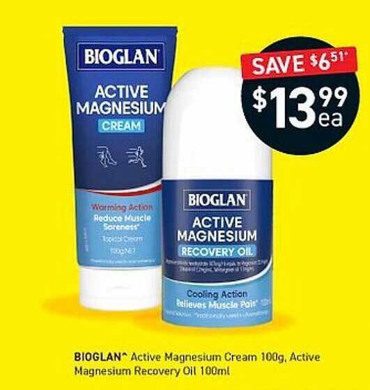 Bioglan active magnesium cream, active magnesium recovery oil offer at Chemist King