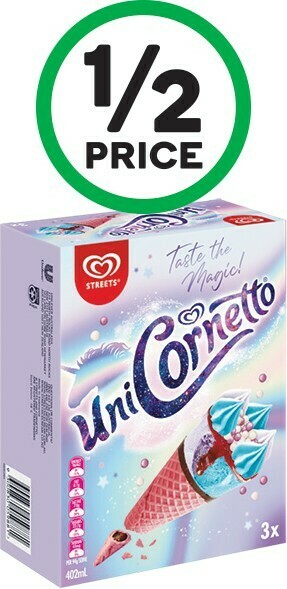 Woolworths Streets Cornetto Mini, Choc’n Ball or Unicornetto 360-480ml Pk 3-8 – From the Freezer offer