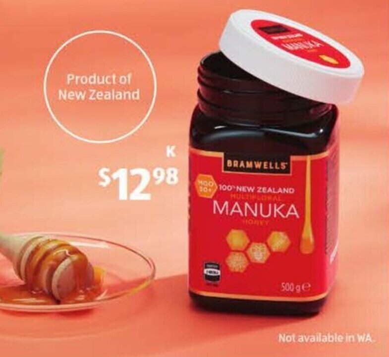 Bramwells 100 New Zealand Multifloral Manuka Honey 500g offer at ALDI
