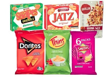 Coles Arnott’s Shapes or Jatz Crackers 160g-225g, Doritos Corn Chips 150g-170g, Smith’s Baked Snacks 130g or Chips 6 Pack 114g, Jum offer