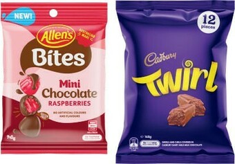 Coles Cadbury Sharepack 144g-180g or Nestlé or Allen’s Chocolate Bites 110g-140g offer