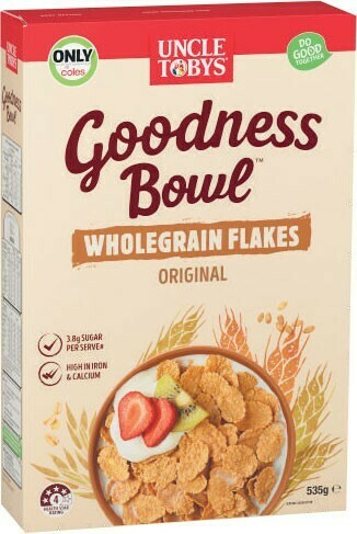 Coles Uncle Tobys Goodness Bowl Wholegrain Flakes Original 535g offer