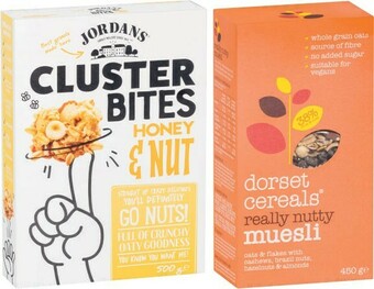 Coles Jordans Granola or Oat Clusters 500g-750g or Dorset Granola or Muesli 450g offer