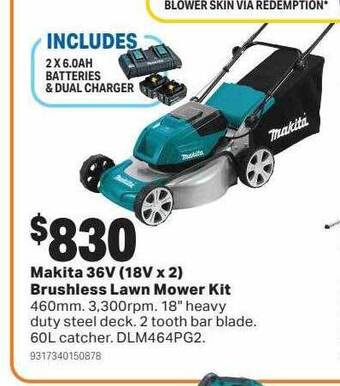 Mitre 10 Makita 36v (18v x2) brushless lawn mower kit offer