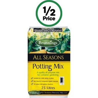 Woolworths Brunnings potting mix or pine bark 25 litre offer