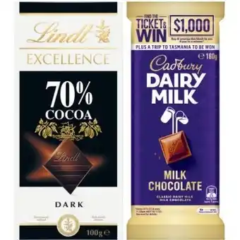 Coles Cadbury block chocolate 160g-190g or lindt excellence or lindor block chocolate 80g-100g offer