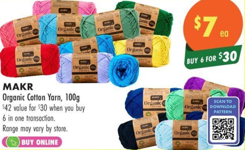 MAKR Organic Cotton Yarn, 100g offer at Lincraft