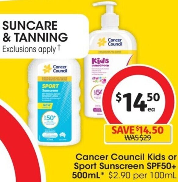 Cancer Council Kids or Sport Sunscreen SPF50+ 500ml offer at Coles