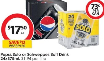 Coles Pepsi, Solo or Schweppes Soft Drink 24x375 ml offer