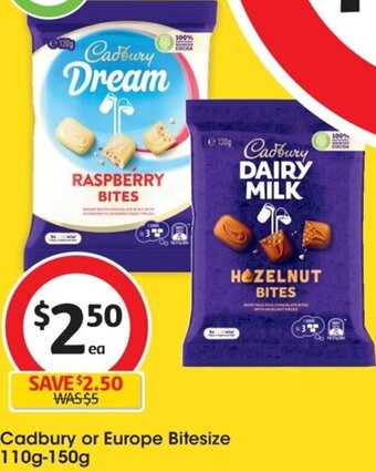 Coles Cadbury or Europe Bitesize 110g-150g offer