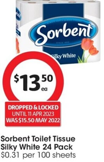 Coles Sorbent Toilet Tissue Silky White 24 Pack offer