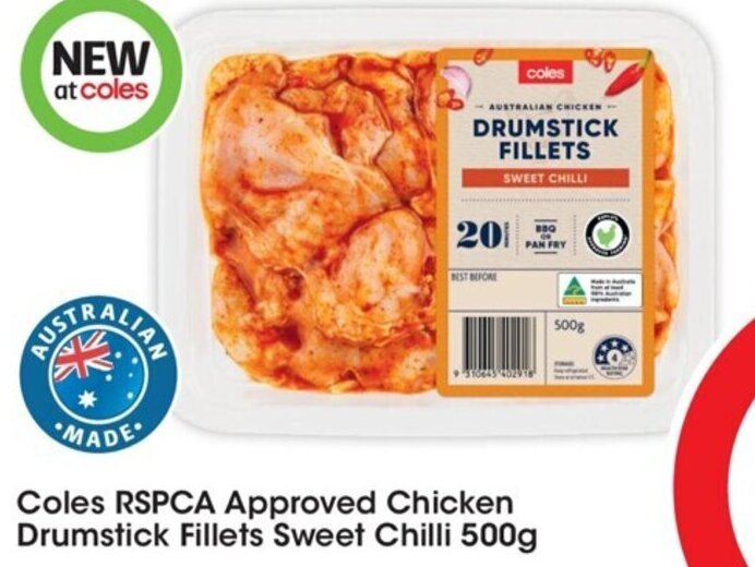Coles RSPCA Approved Chicken Drumsticks Fillets Sweet Chilli 500g offer