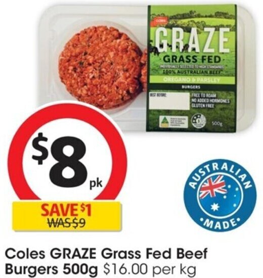 Coles Graze Grass Fed Beef Burgers 500g offer at Coles