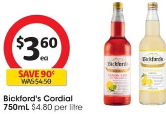 Coles Bickford's Cordial 750ml offer