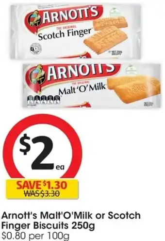 Coles Arnott's  Malt'O'Milk or Scotch Finger Biscuits 250g offer