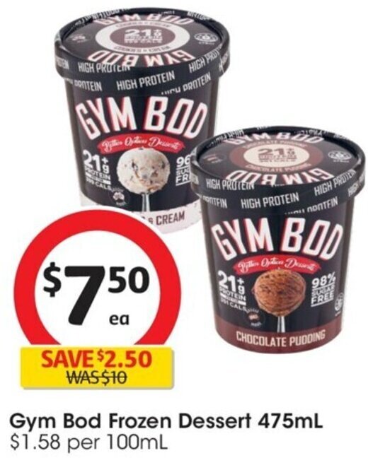 Gym Bod Frozen Dessert 475ml offer at Coles