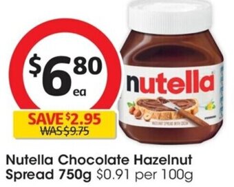 Coles Nutella Chocolate Hazelnut Spread 750g offer