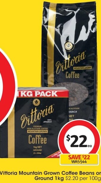 Coles Vittoria Mountain Grown Coffee Beans or Ground 1 kg offer