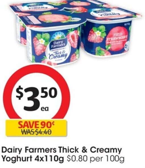 Dairy Farmers Thick & Creamy Yoghurt 4x110g offer at Coles