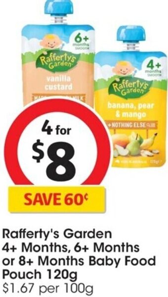 Coles Rafferty's Garden 4+ Months, 6+ Months or 8+ Months Baby Food Pouch 120g offer