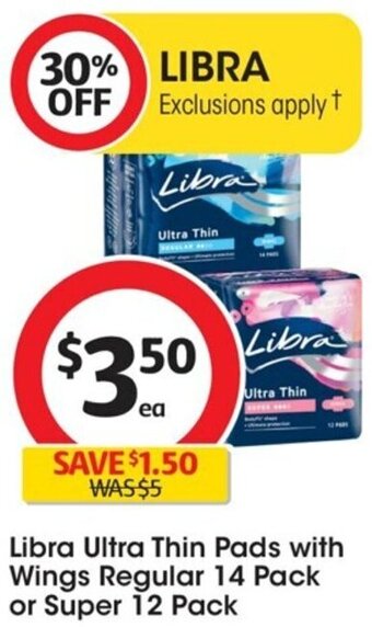 Coles Libra Ultra Thin Pads with Wings Regular 14 Pack or Super 12 Pack offer
