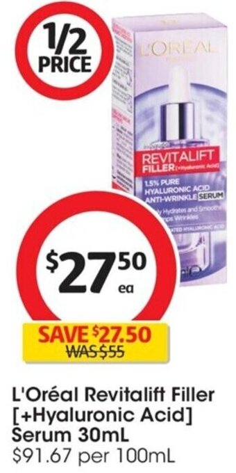 Coles L'Oréal Revitalift Filler [+Hyaluronic Acid ] Serum 30 ml offer