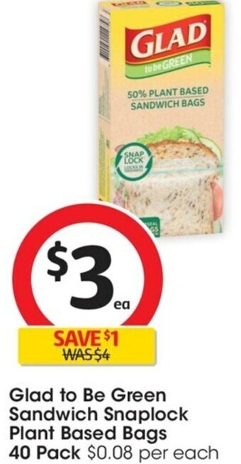 Coles Glad to Be Green Sandwich Snaplock Plant Based Bags 40 Pack offer