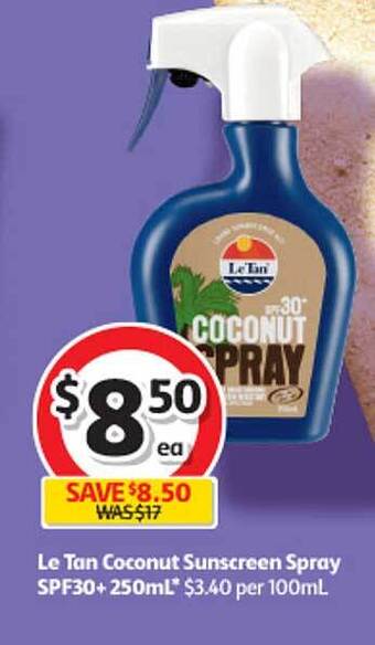 Coles Le tan coconut sunscreen spray spf30+ 250ml offer