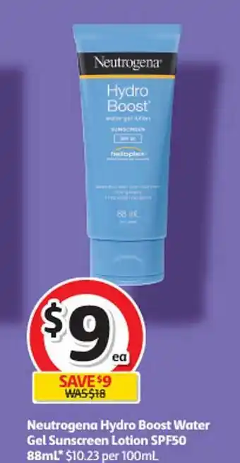 Coles Neutrogena hydro boost water gel sunscreen lotion spf50 88ml offer