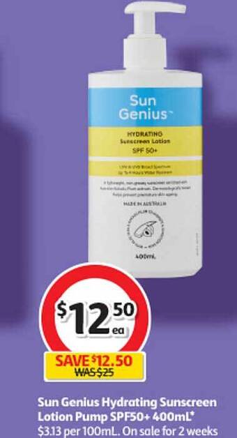 Coles Sun genius hydrating sunscreen lotion pump spf50+ 400ml offer