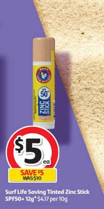 Coles Surf life saving tinted zinc stick spf50+ 12g offer