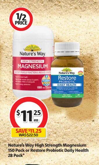Coles Nature's way high strength magnesium 150 pack or restore probiotic daily health 28 pack offer