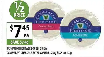 Supabarn Tasmanian heritage double brie & camembert cheese selected varieties offer