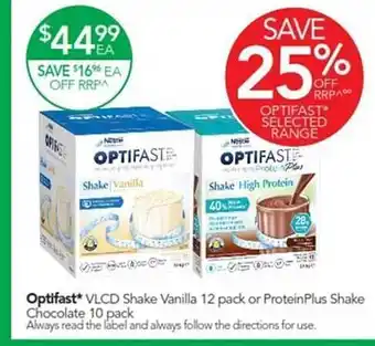 Terry White Optifast vlcd shake vanilla 12 pack or proteinplus shake chocolate offer
