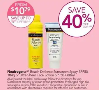 Terry White Neutrogena beach defence sunscreen spray spf50 or ultra sheer face lotion spf50+ offer